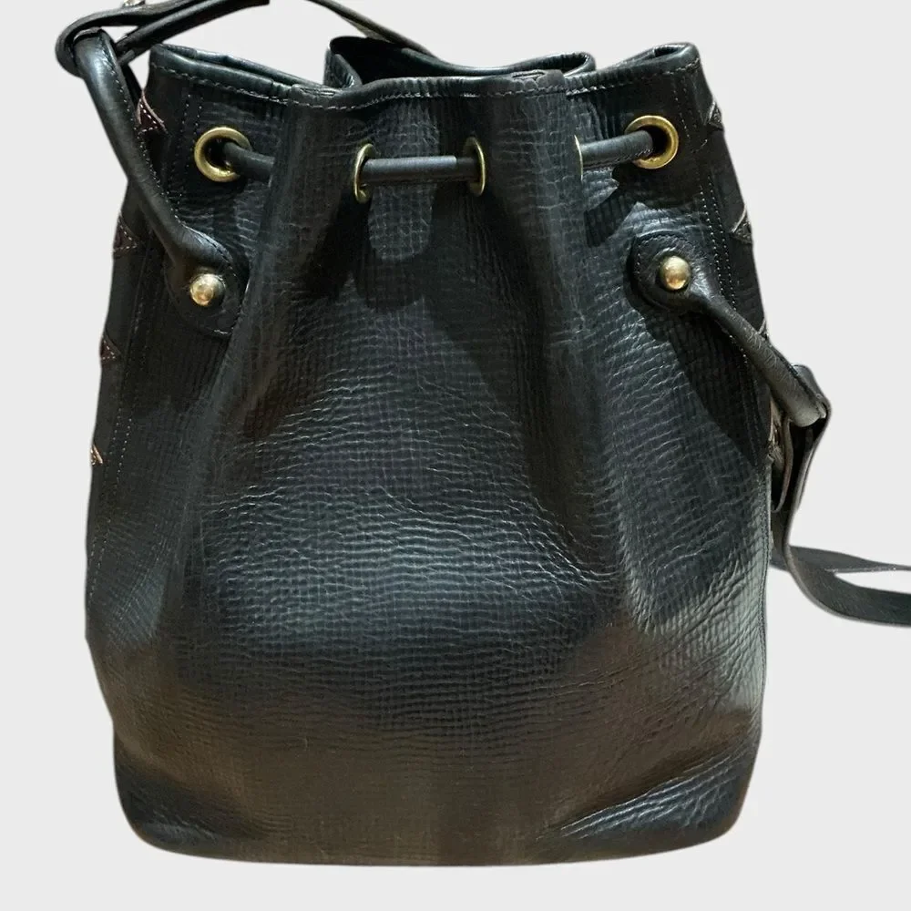 Vintage Dooney & Bourke USA Leather Feed Bag Drawstring Shoulder Purse Black